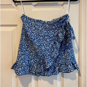 Blue and white ruffle trim floral wrap mini skirt